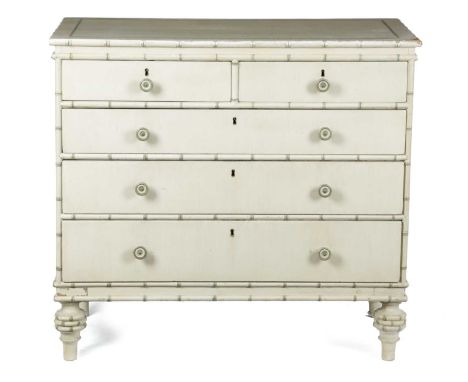 A FAUX BAMBOO PAINTED PINE CHEST DECORATED BY COLEFAX & FOWLER, EARLY 19TH CENTURY AND LATERof two short and three long drawe