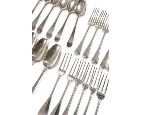 A COLLECTION OF SILVER FLATWARE comprising: six Scottish Hanoverian pattern three-pronged table forks, three by Henry Beathun