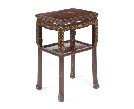 A CHINESE AUBERGINE LACQUER TWO-TIER TABLE19TH CENTURYdecorated in gilt and red with flowers, scrolling leaves and a bird70cm