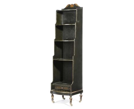 A GREEN PAINTED WATERFALL OPEN BOOKCASEIN REGENCY STYLE, 19TH CENTURYwith parcel gilt decoration, the base fitted with a draw