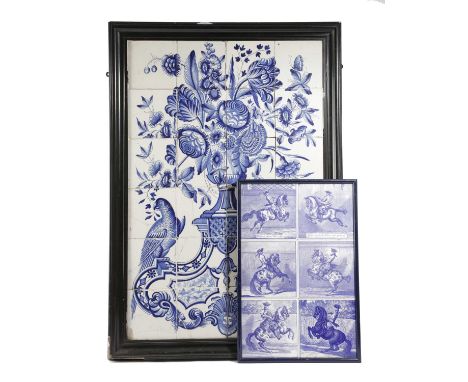 A DELFT POTTERY BLUE AND WHITE TILE PANEL19TH CENTURYcomprising: twenty-four tiles depicting an urn of flowers flanked by a p