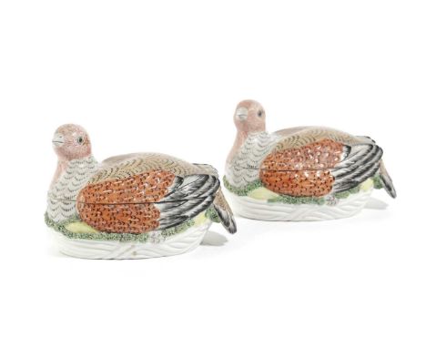 A PAIR OF ITALIAN PORCELAIN QUAIL BOXES AND COVERSBY MOTTAHEDEH, LATE 20TH CENTURYin the Chelsea manner, naturalistically mod