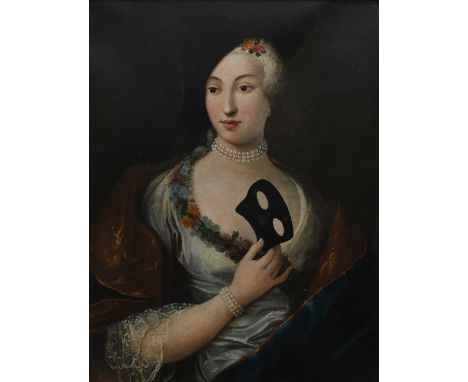 VENETIAN SCHOOL 18TH CENTURY  Portrait of a lady, half-length, holding a black mask and wearing a tricorn hat and pearl neckl