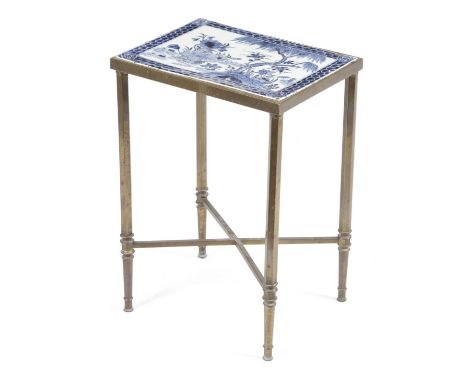 A CHINESE PORCELAIN AND BRASS OCCASIONAL TABLE18TH CENTURY AND LATERthe rectangular top inset with a Chinese Qianlong blue an