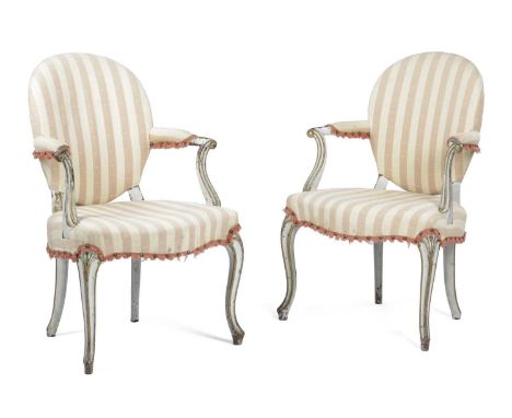 A PAIR OF GEORGE III PAINTED ARMCHAIRS18TH CENTURY AND LATEReach with a padded back, armrests and serpentine seat, with mould
