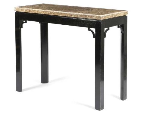 AN ITALIAN BLACK LACQUER CONSOLE TABLEIN GEORGE III STYLE, MID-20TH CENTURYthe moulded edge alabastro fiorito veneered marble