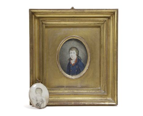 λ λ SCOTTISH SCHOOL 18TH CENTURY  Portrait miniature of William Hay, as a child with his dog Oval, in a gilt metal frame, the