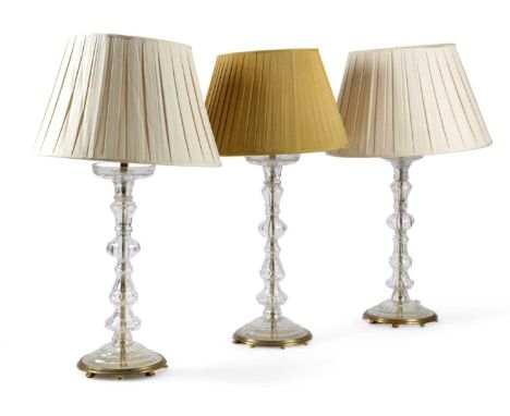 A PAIR OF CUT-GLASS 'CRYSTAL AND GILT' TABLE LAMPSBY COLEFAX & FOWLER, SECOND HALF 20TH CENTURYeach with a knopped baluster s