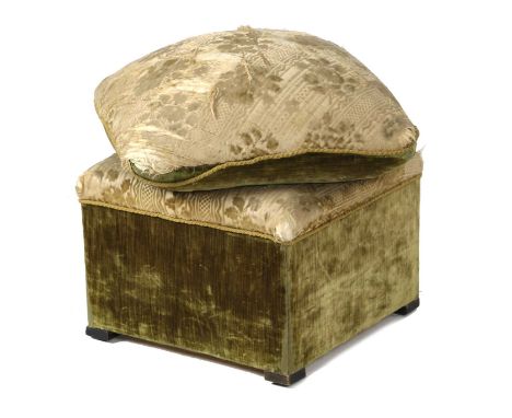 AN ITALIAN OTTOMAN STOOL20TH CENTURYcovered in distressed silk velvet damask on ebonised feet48cm high, 67cm wide, 63cm deep 
