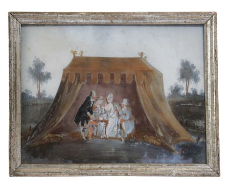 A FRENCH REVERSE GLASS PAINTINGLATE 18TH / EARLY 19TH CENTURYdepicting four figures taking coffee, accompanied by a child, in