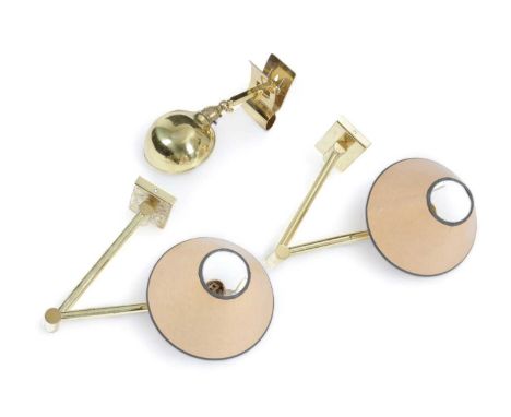 A PAIR OF BRASS ADJUSTABLE WALL LIGHTSLATE 20TH CENTURYeach with a twin hinged arm and a single light, together with a brass 