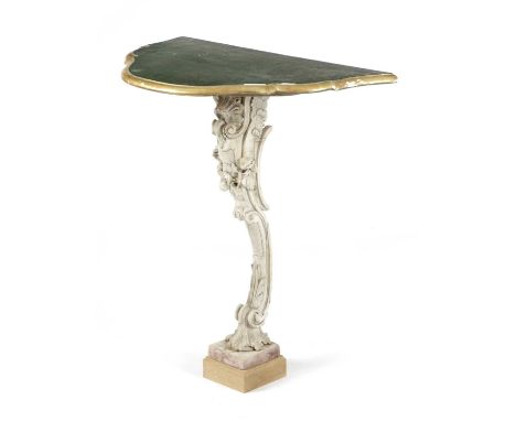 A CARVED PINE AND PAINTED CONSOLE TABLE18TH CENTURY ELEMENTS AND LATERthe loose top with a moulded edge above a monopodia sup
