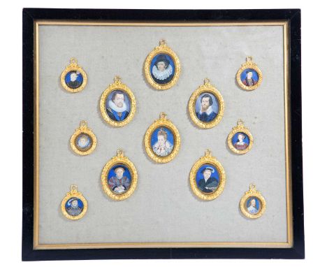 A FRAMED SET OF TWELVE PORTRAIT MINIATURESAFTER HILLIARD, HOLBEIN AND OTHERS, EARLY 20TH CENTURYengraved and produced by W. F