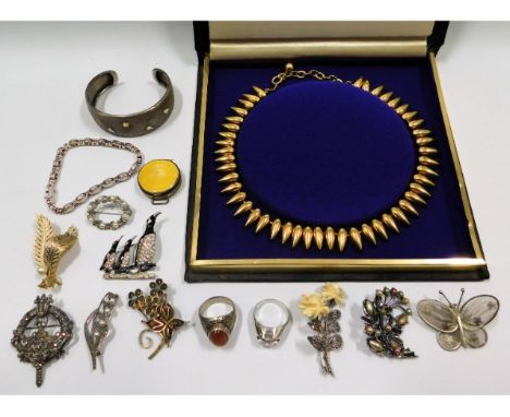 A silver pill box with guilloche enamel top, a gold plated necklace, a silver bangle &amp; other costume items