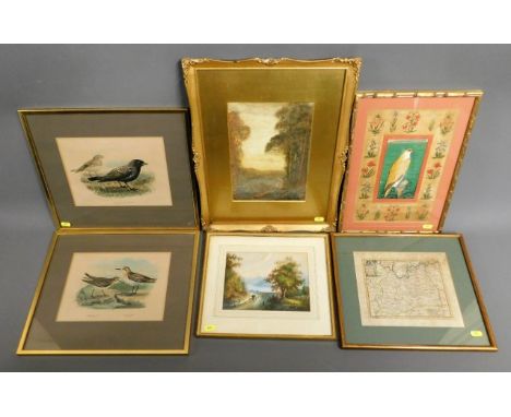 A selection of prints &amp; pictures including an 18thC. map of Surrey by Thomas Kitchin; a c.1900 Fred Hines watercolour; a 