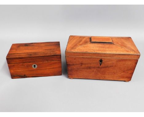 A sarcophagus shaped Victorian tea caddy twinned with early Georgian caddy, largest 8.75in wide x 5.25in high x 5.25in deep 