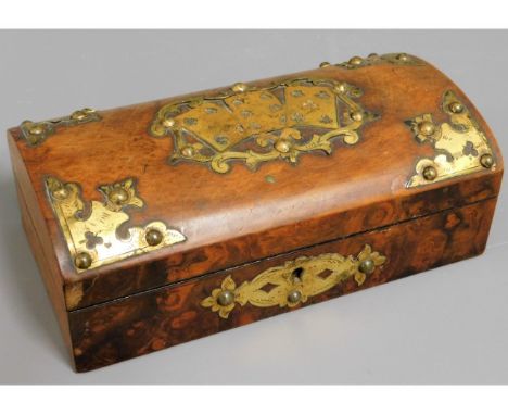 A walnut playing card box with brass fittings &amp; decor, 8.75in wide 