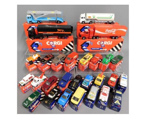 A quantity of twenty eight Corgi diecast model cars &amp; trucks, including twelve blue box &amp; sixteen red box 