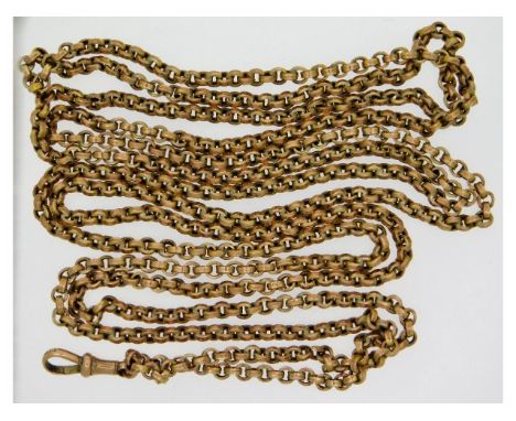 A Victorian 9ct gold ladies muff chain, some faults to some links, alleged to have been owned by an "R. Vincent, American gol