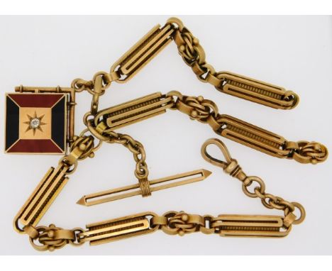 A substantial late 19thC. American yellow metal pocket watch Albert chain, tests electronically as 14ct gold, with fob pill b