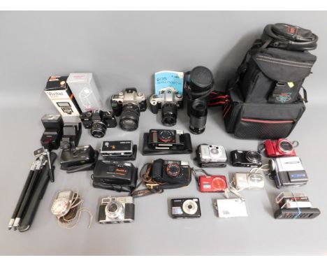 A quantity of cameras &amp; equipment: Canon Sureshot, Olympus Quickflash, Yashica FR with 28mm lens, Tamron 80-210mm lens, C