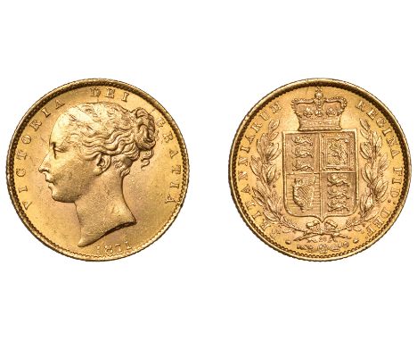 Victoria (1837-1901), Sovereign, 1871, shield rev., die no. 28 (Hill 55; Bull 1171; cf. Bentley 563; S 3853B). Light bagmarks