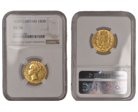 Victoria (1837-1901), Sovereign, 1838, single hair strand terminal to Queen’s ponytail, normal shield (Hill 22; Bull 1054; cf