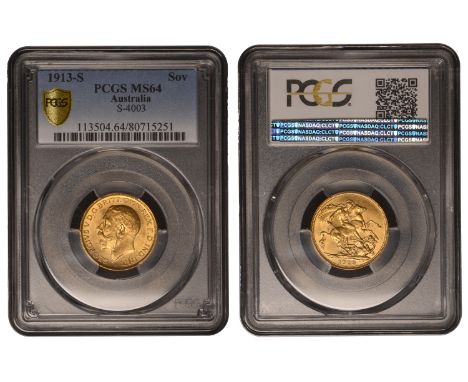 George V (1910-1936), Sovereign, 1913s, Sydney (Hill 273; Bull 1678; cf. Bentley 729; S 4003). Light obverse bagmarks, otherw