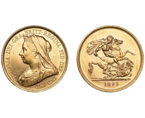 Victoria (1837-1901), Five Pounds, 1893 (Hill F33; Bull 1375; S 3872). Light bagmarks in fields, otherwise extremely fine, re