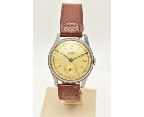 A GENTS 'J.W.BENSON' WRISTWATCH, manual wind, round discoloured silver dial signed 'J.W.Benson London', Arabic numerals, subs