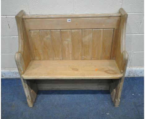 A PINE PEW OF SMALL PROPORTIONS, width 99cm x depth 48cm x height 90cm (condition report: marks, scuffs, stains, discolourati