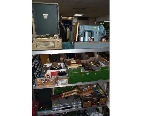 FOUR BOXES AND LOOSE METALWARE, ELECTRONICS, BOOKS AND SUNDRY ITEMS, to include a set of postal scales, vintage RGD and Sky L