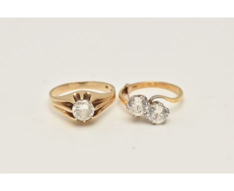 TWO YELLOW METAL RINGS, to include a cubic zirconia single stone ring within an extended eight claw setting, hallmarked 9ct g
