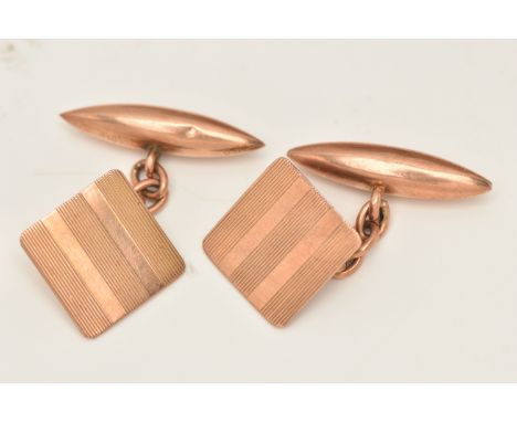 A PAIR OF 9CT ROSE GOLD CUFFLINKS, chain linked with an engine turned pattern square panel and toggles, hallmarked 9ct Birmin
