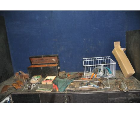 A BASKET AND A WOODEN BOX CONTAINING TOOLS including a Stanley No 50 plough plane with cutters, four wooden moulding planes b