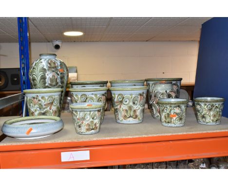 A GROUP OF TWELVE GLYN COLLEDGE FOR DENBY PLANTERS AND VASES, to include three small plant pots diameter 13cm, three medium p