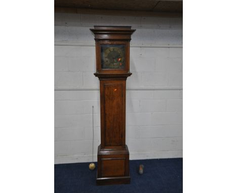 A GEORGIAN OAK 30 HOUR LONGCASE CLOCK, the box hood enclosing a brass 10 inch dial, depicting Roman and Arabic numerals, sign