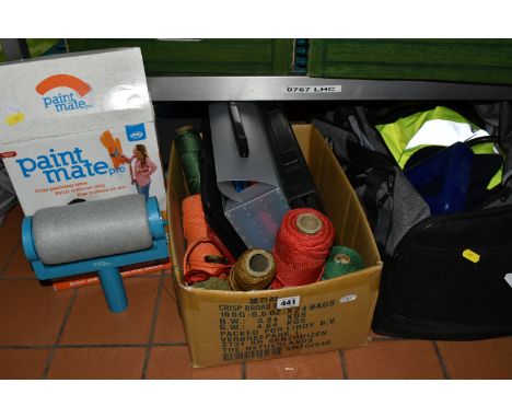 ONE BOX AND LOOSE OUTDOOR MISCELLANEOUS OBJECTS to include two camping chairs, a pair of size 8 UK/42 EU wellington boots, a 