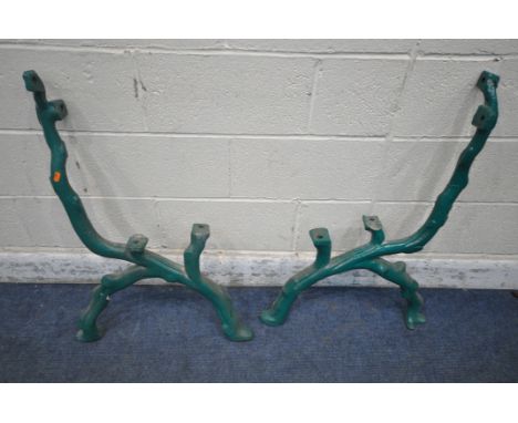 A PAIR OF REPRODUCTION GREEN PAINTED BENCH ENDS, in the form of roots (condition report: no back or seat present, appear to h