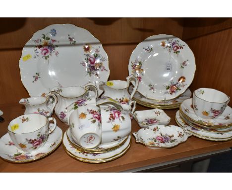 A GROUP OF ROYAL CROWN DERBY 'DERBY POSIES' PATTERN TEAWARE, comprising a cake plate, four side plates, two milk jugs, one cr