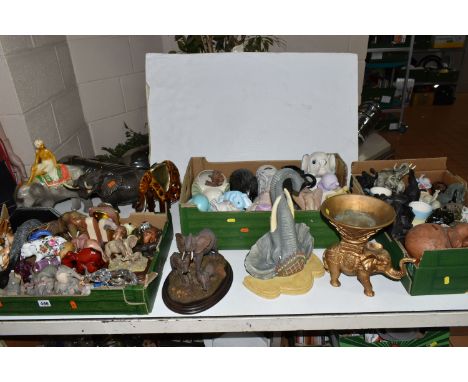 THREE BOXES AND LOOSE FIGURES OF ELEPHANTS, to include a Royal Doulton Flambé Elephant and Young HN3548, a Beswick large Elep
