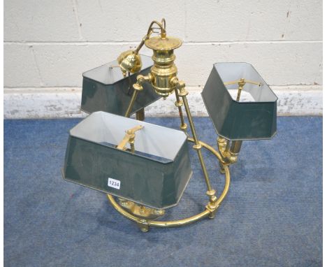 A 20TH CENTURY BRASS CHANDELIER, the three twin fittings with green metal shades, diameter without the shades 50cm x height 8