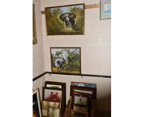 A SMALL QUANTITY OF PICTURES AND PRINTS ETC, to include two oil paintings depicting African Elephants, both signed J. Brown, 