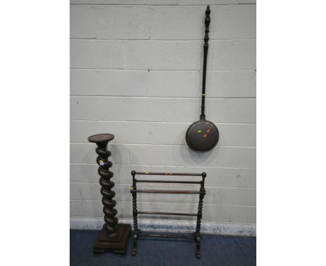 A 20TH CENTURY MAHOGANY BARLEY TWIST PLANT STAND, on a stepped base with bracket feet, height 120cm, a mahogany towel rail, a