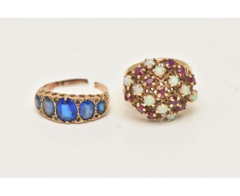 A YELLOW METAL RUBY AND OPAL DRESS RING AND A GARNET TOPPED DOUBLET FIVE STONE RING, the first set with circular mixed cut ru