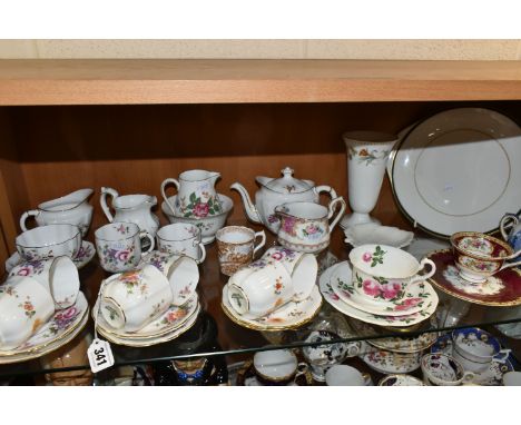 A GROUP OF CERAMIC TEAWARE, comprising Royal Crown Derby 'Derby Posies': teapot, two cream jugs, sugar bowl, eight coffee can