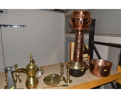 A COLLECTION OF COPPER AND BRASSWARE, comprising a 'Craftsman' pewter Arts &amp; Crafts candle holder (slightly tilting), two