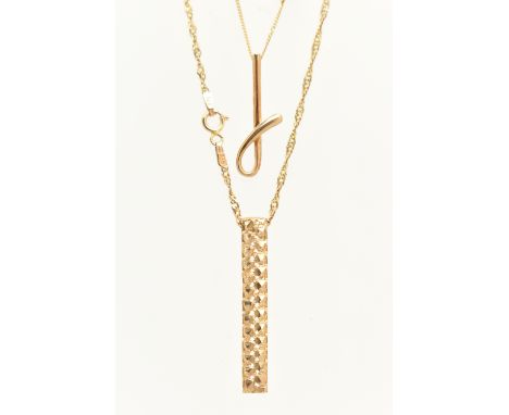 TWO PENDANT NECKLACES, the first with a drop bar textured pendant, hallmarked 9ct Birmingham, length 34mm, suspended from a f