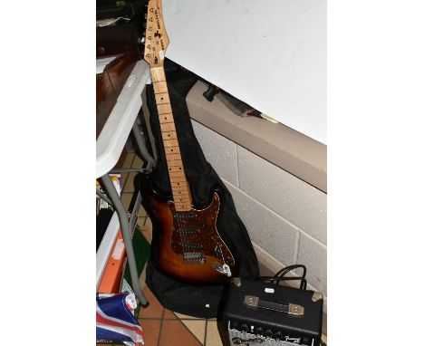 A SUNN MUSTANG ELECTRIC GUITAR AND A FRONTMAN 10G AMPLIFIER, the guitar marked 'an authorised Fender product', made in Korea,