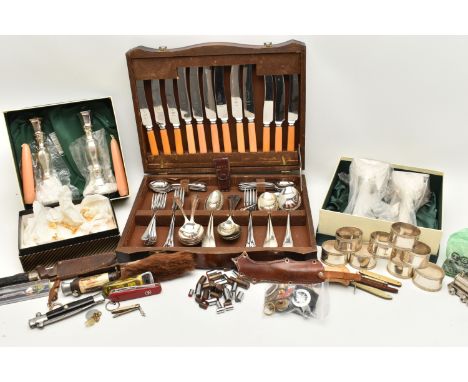 A BOX OF ASSORTED ITEMS, to include two 'Parks London' candlestick holder sets, a 22ct gold plated chess set, an AF incomplet